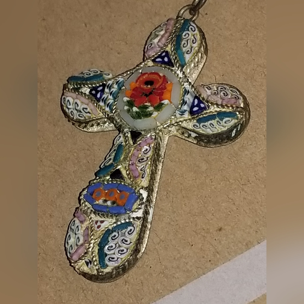 Vintage Italian Mosaic Cross Necklace